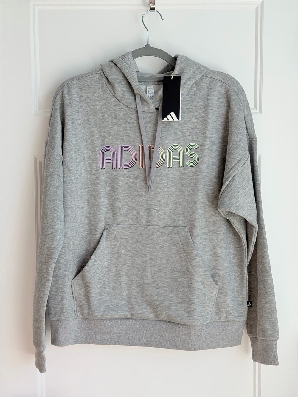 adidas women Light Gray Crewneck Hoodie with Pastel Multicolor Logo